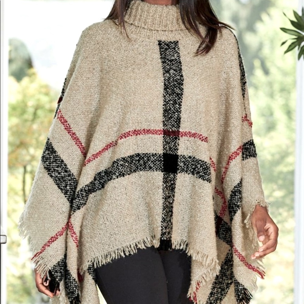 Turtleneck Soft Beige + Plaid Poncho Sweater O/S